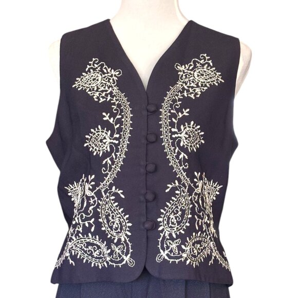 lois snyder dani max vintage navy blue paisley button up vest Boho Women's sz 10 - Picture 2 of 9